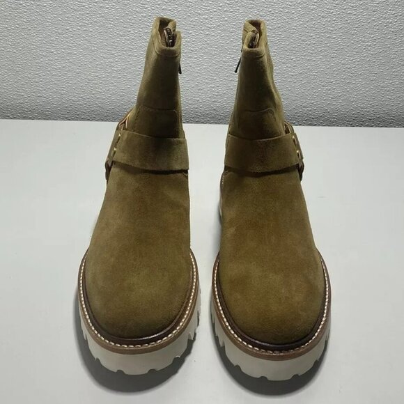 NEW FRYE Olivia Harness Short Suede Womens Size 8 Comfort Boot White Brown Gold - Picture 2 of 5